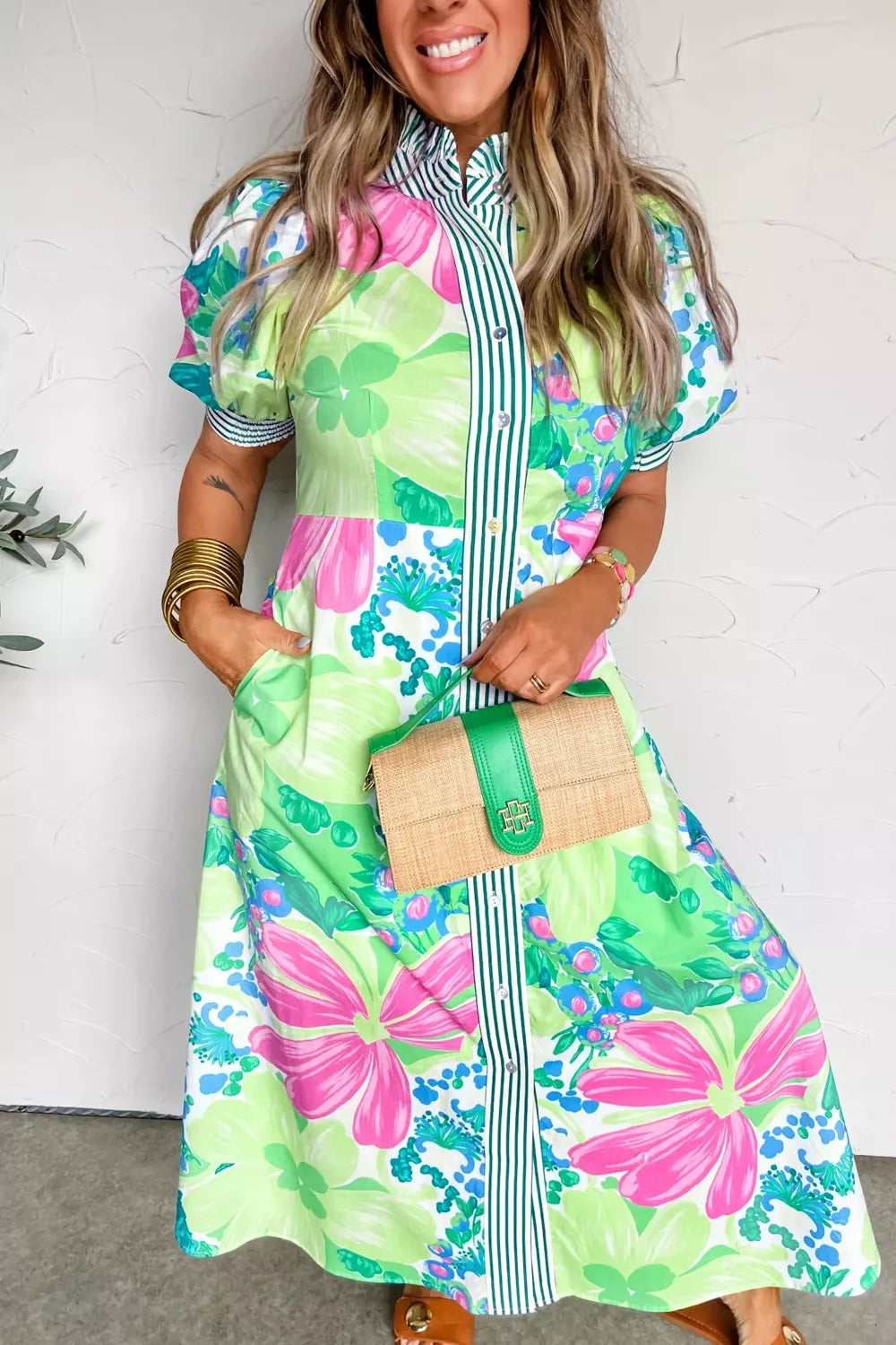 Women's Floral Button-Front Midi Dress with Puff Sleeves