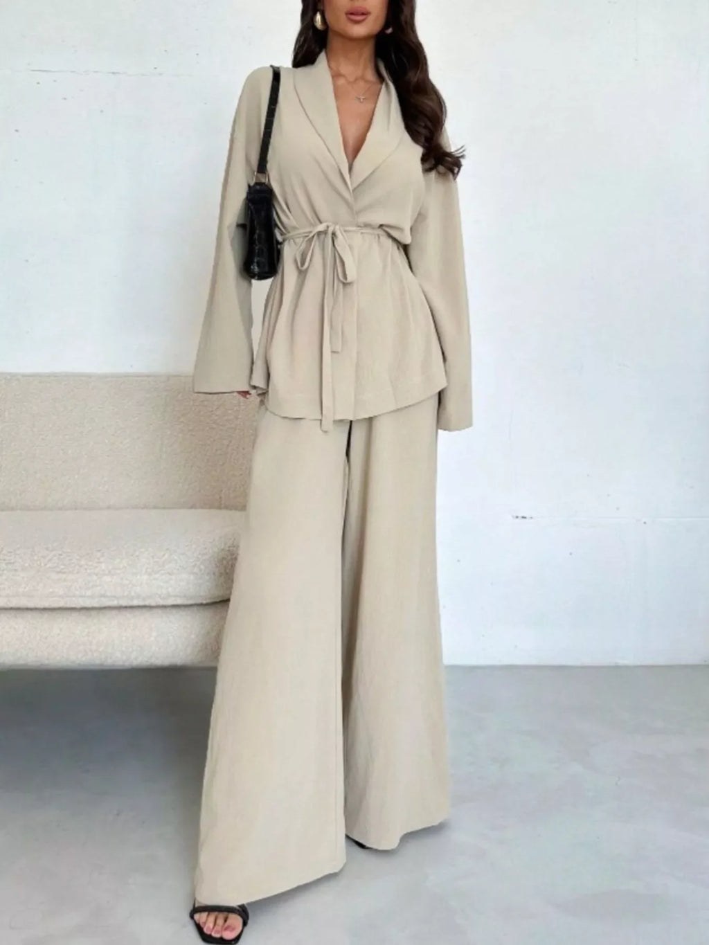 Women's Tie-Waist Top and Textured Wide-Leg Pants Set