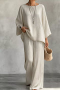 Women's Linen Boat Neck Top and Wide-Leg Pants Set - Beige