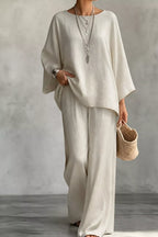 Women's Linen Boat Neck Top and Wide-Leg Pants Set - Beige