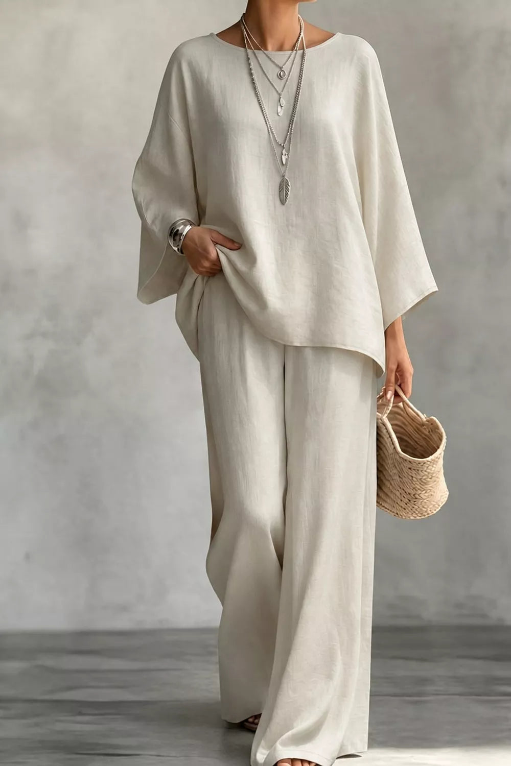 Women's Linen Boat Neck Top and Wide-Leg Pants Set - Beige