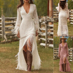 Women's White Boho Lace Fringe Maxi Dress V-Neck Fall Wedding Guest