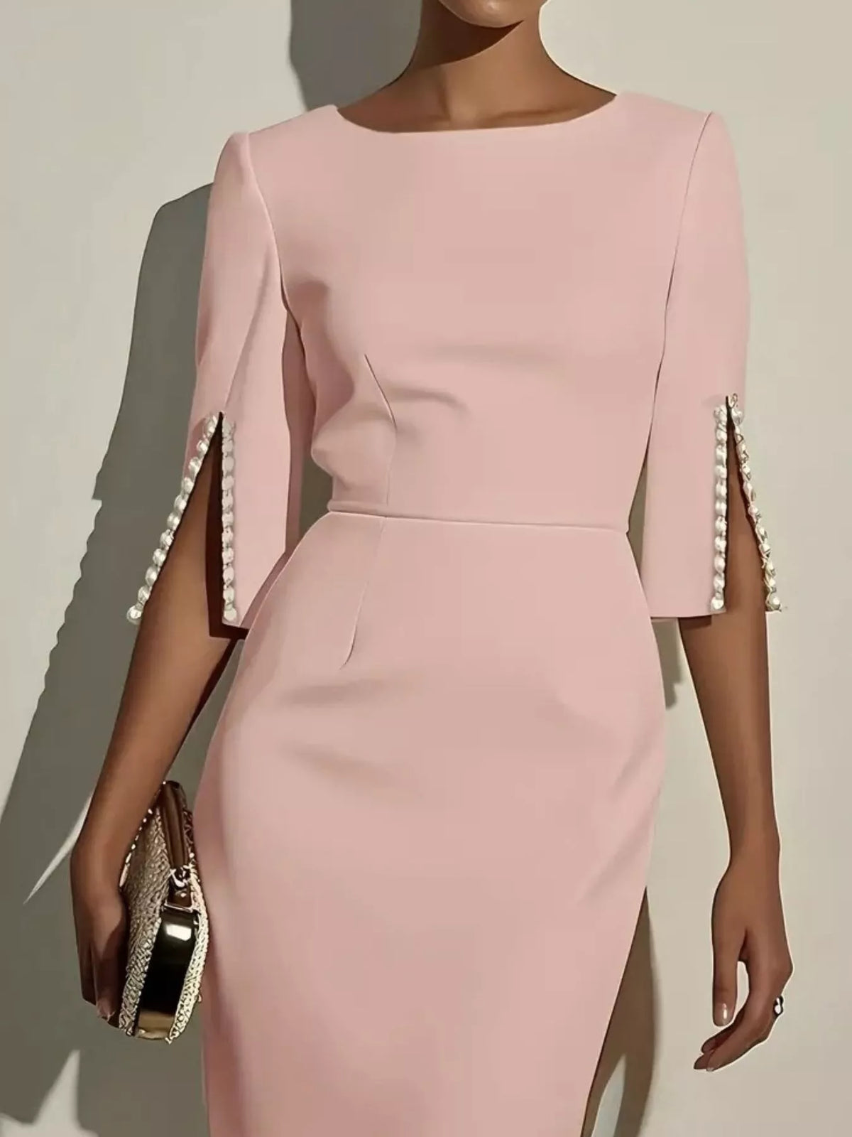 Women's Elegant Fitted Midi Dress with Beaded Open Sleeves