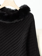 Women's 3/4 Sleeve Poncho with Faux Fur Trim Textured Cape