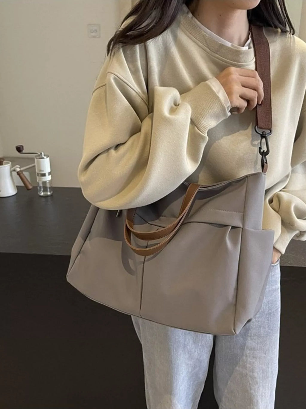 Women's Lightweight Casual Nylon Tote Bag - Gray