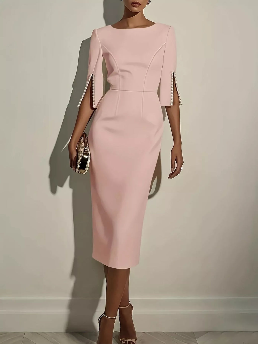 Women's Elegant Fitted Midi Dress with Beaded Open Sleeves - Pink