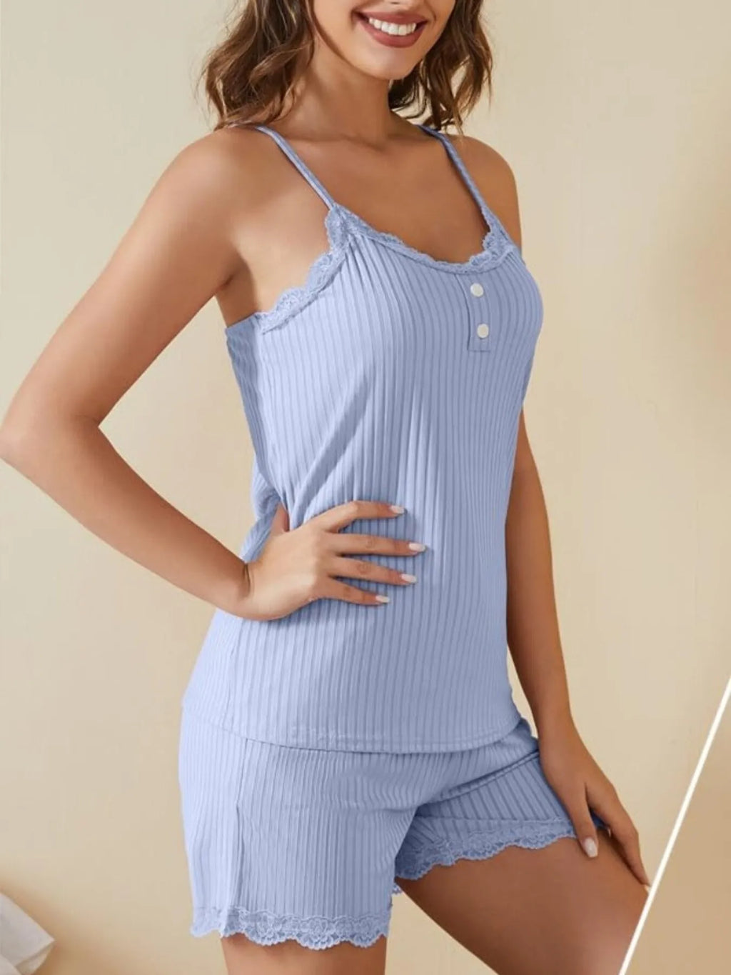 Women's Lace Cami and Ribbed Shorts Pajama Set - Light Blue