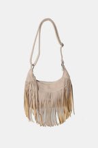 Women's Suede Fringe Shoulder Bag with Adjustable Strap - Khaki