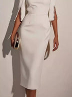 Women's Elegant Fitted Midi Dress with Beaded Open Sleeves