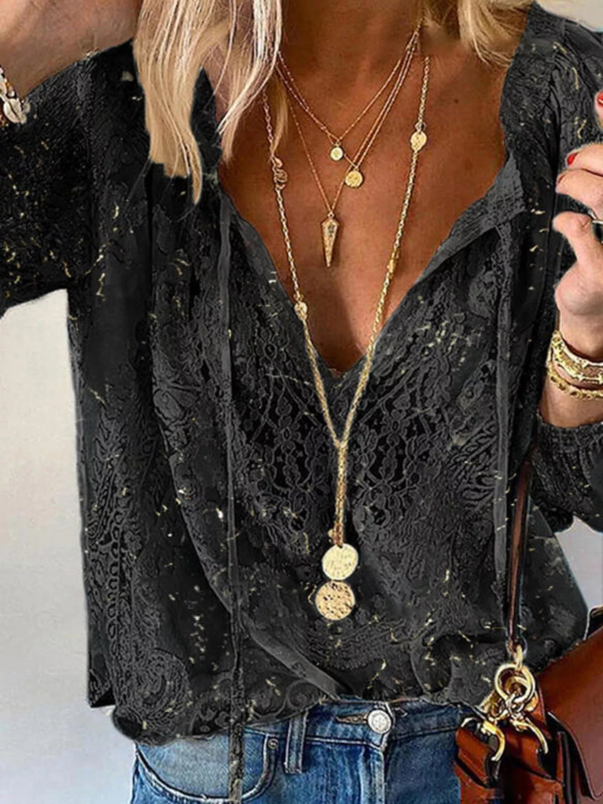 Women's Lace Tie-Neck Blouse - Black