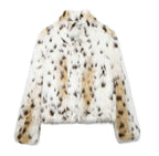 Women's Faux Fur Lapel Coat Warm Padded Winter Coat - Leopard Print Faux Leather