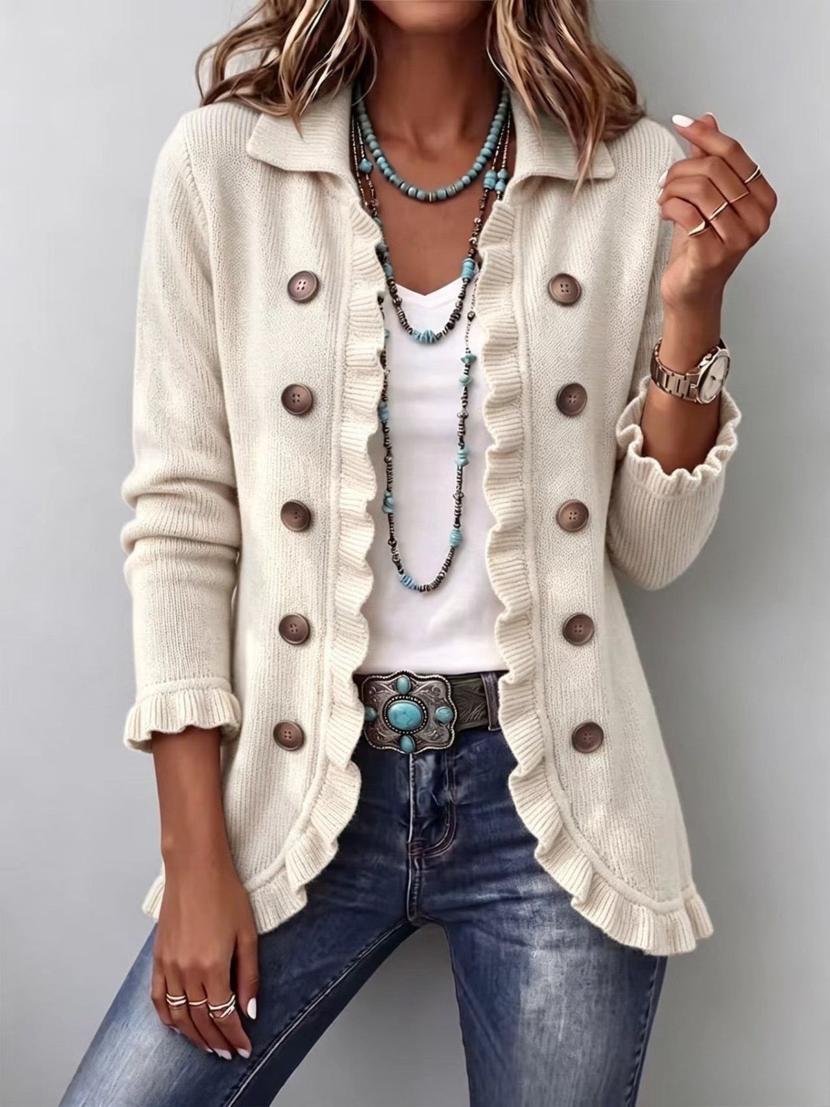 Women's Ivory Knit Ruffle Jacket