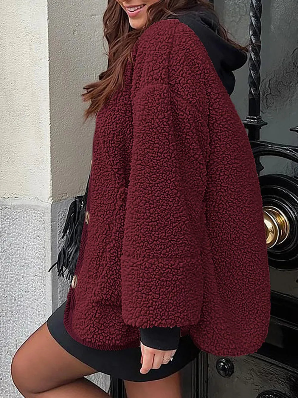 Women's Two-Tone Sherpa Button-Up Jacket with Pockets