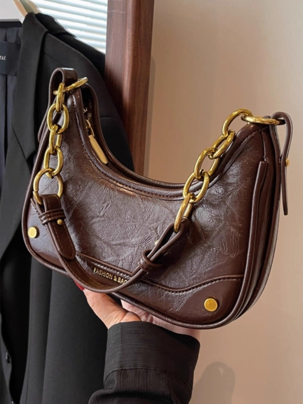 Women's Shoulder Bag with Chain Detail - Coffee