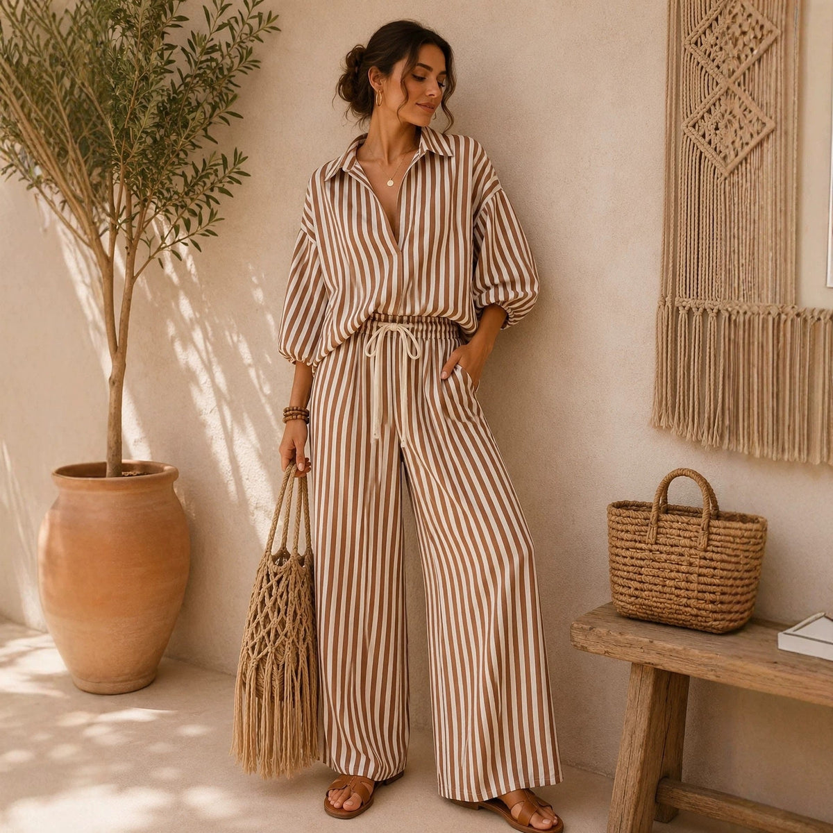 Women's Striped Shirt and Pants Set