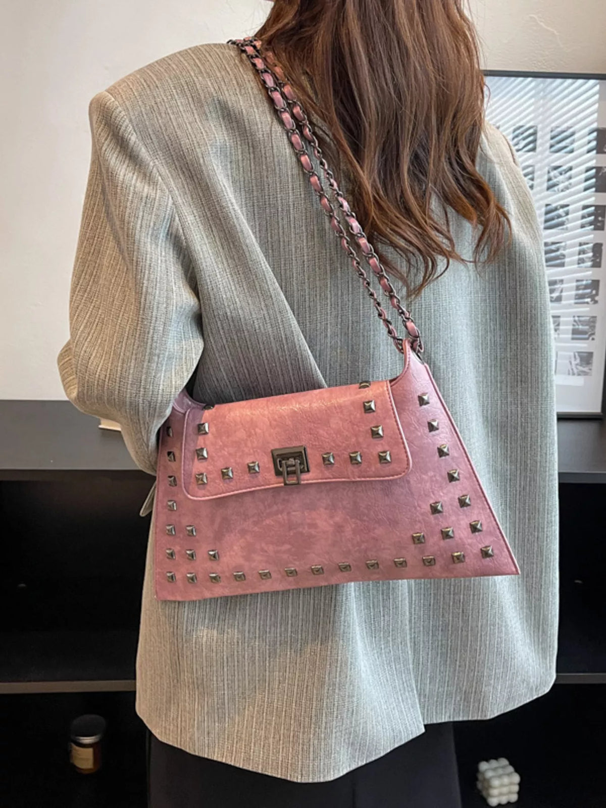 Women's Studded Flap Shoulder Bag with Chain