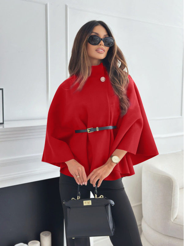 Women's Turtleneck Wool Poncho with Belt - Red
