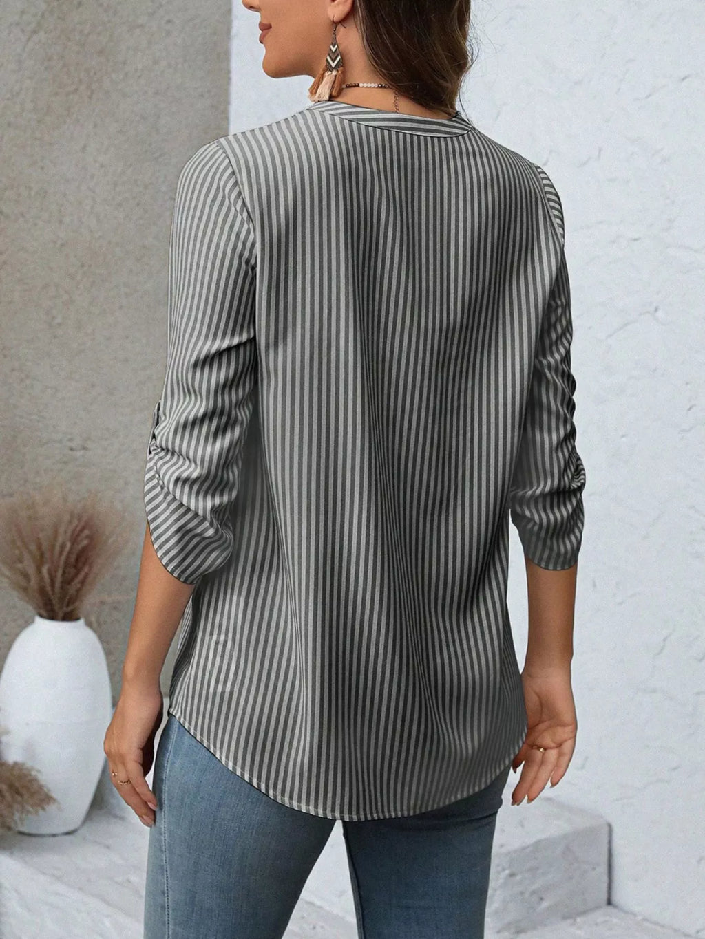 Women's Striped V-Neck Roll-Up Sleeve Blouse