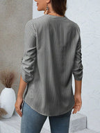 Women's Striped V-Neck Roll-Up Sleeve Blouse