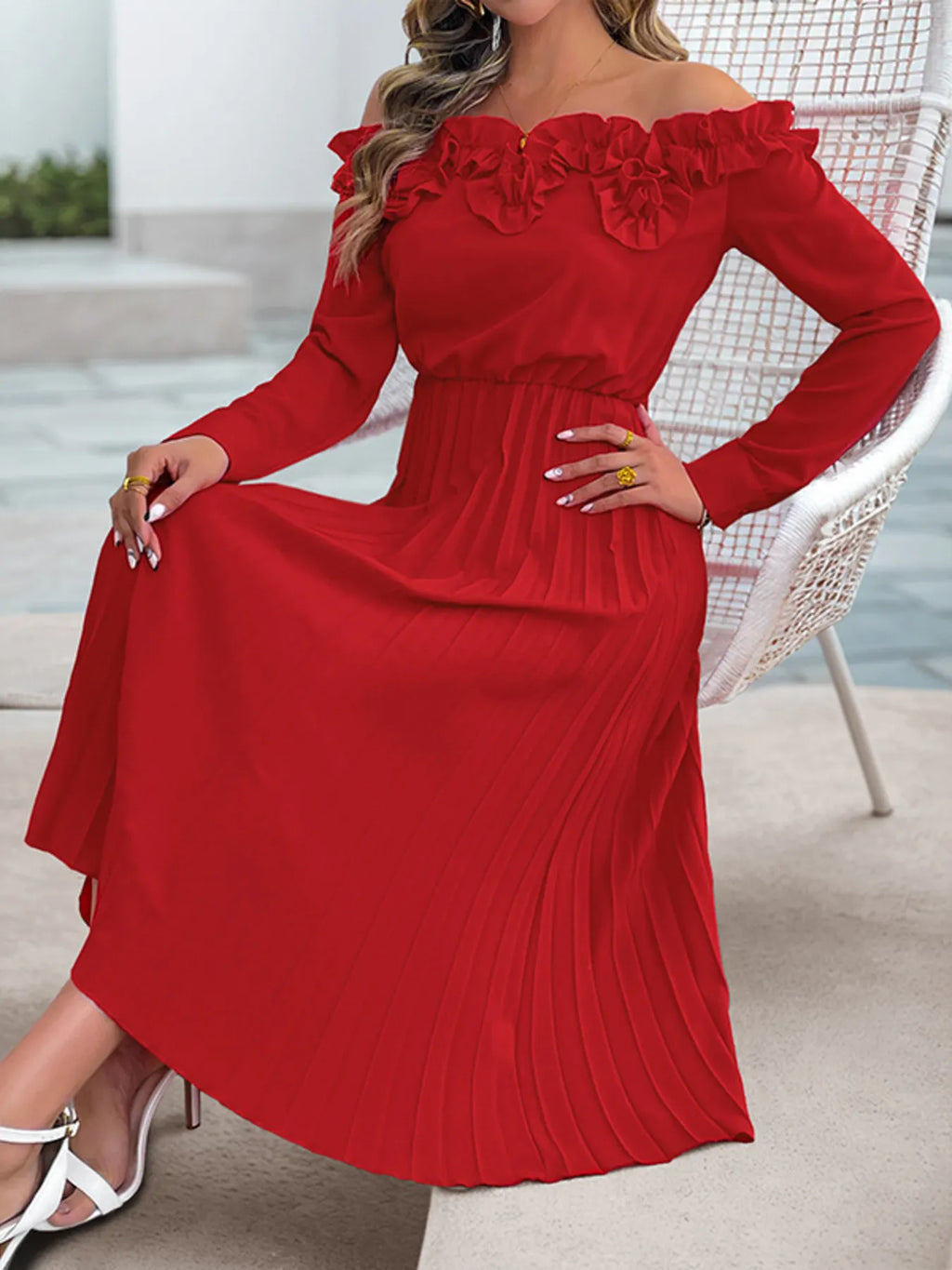 Women's Pleated Off-Shoulder Ruffle Midi Dress