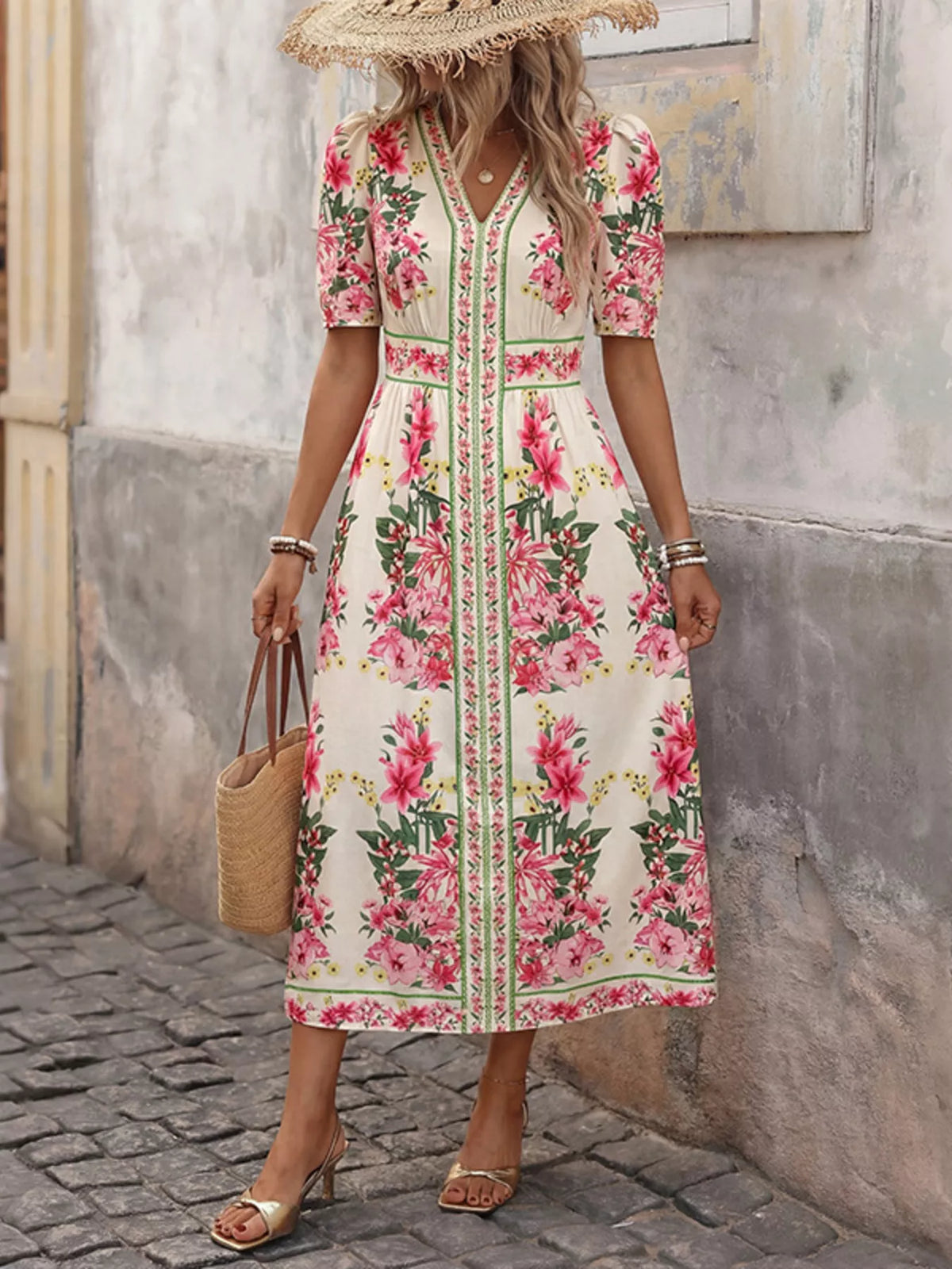 Women's Floral V-Neck Midi Dress