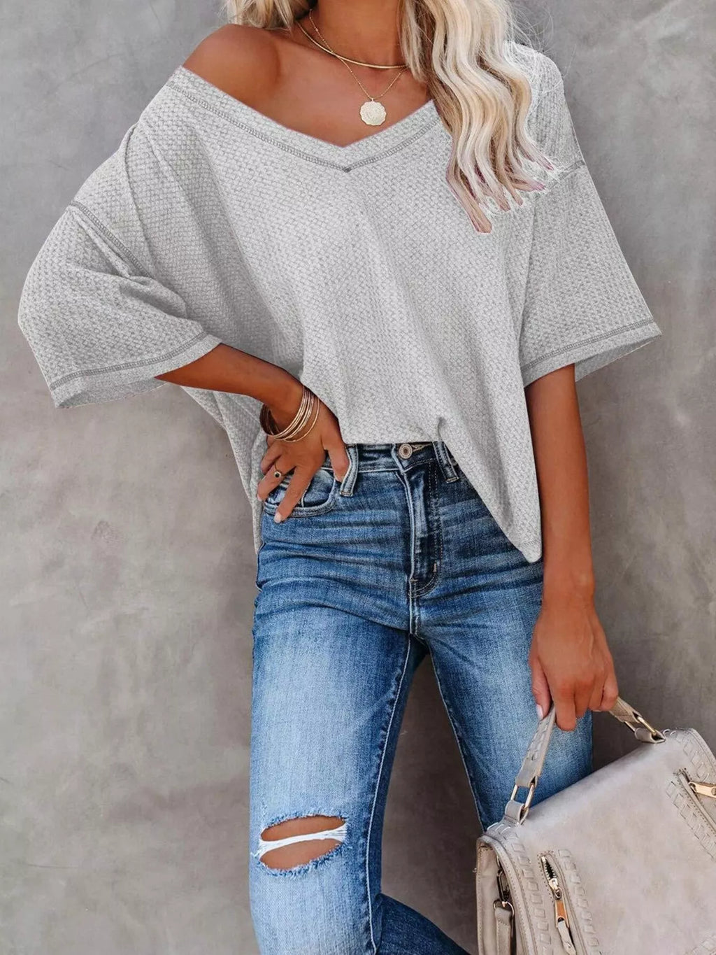 Women's Waffle Knit V-Neck Short Sleeve T-Shirt