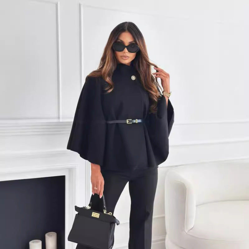 Women's Turtleneck Wool Poncho with Belt - Black