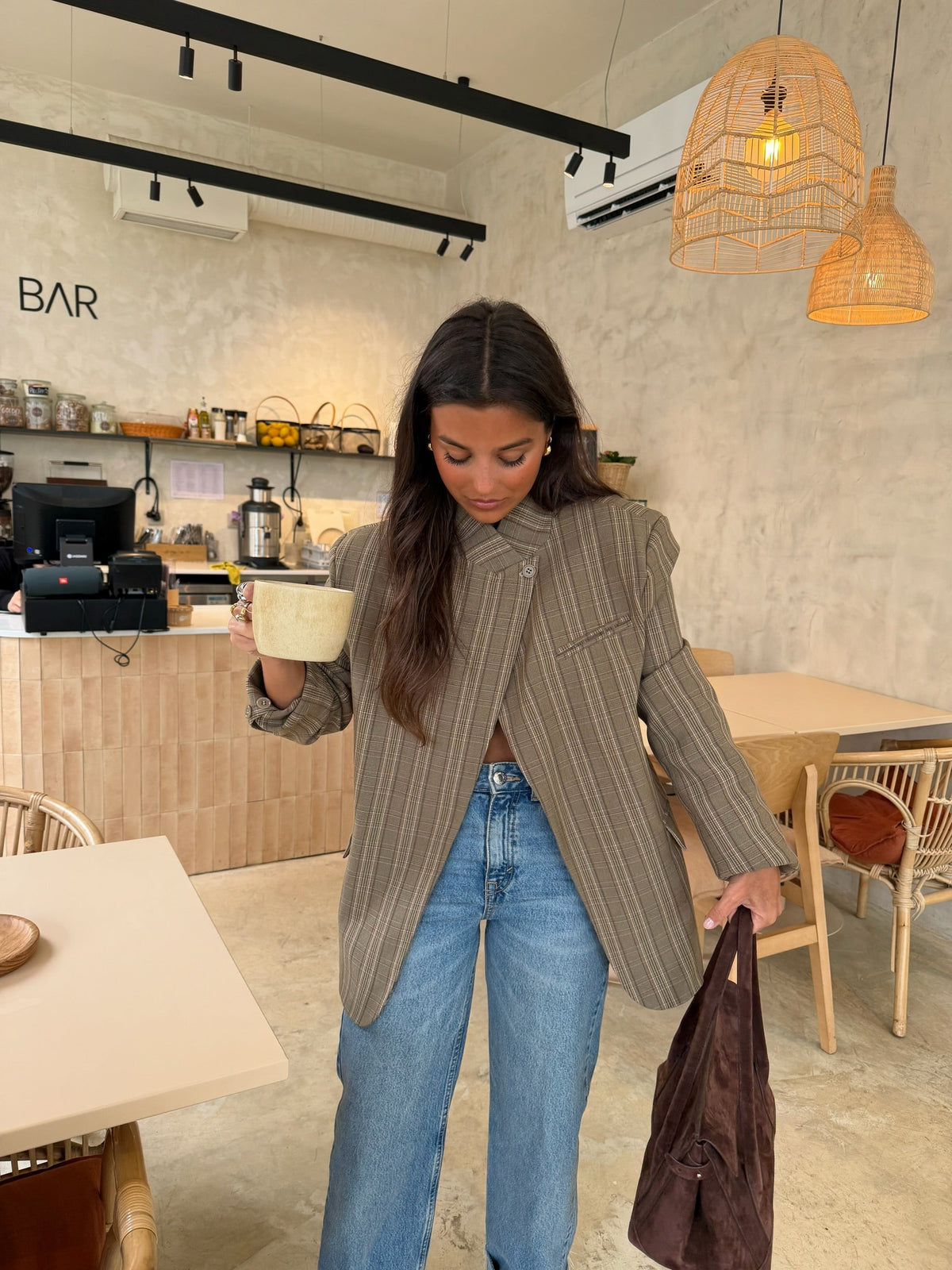 Women's Taupe Plaid Asymmetric Blazer