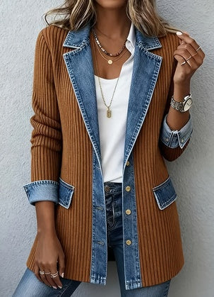 Women's Elegant Patchwork Denim Jacket - Brown