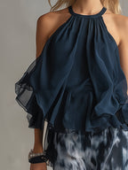 Women's Two-Piece Wedding Guest Set Ruffle Halter Top and Wide-Leg Pants