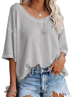 Women's Waffle Knit V-Neck Short Sleeve T-Shirt - Gray