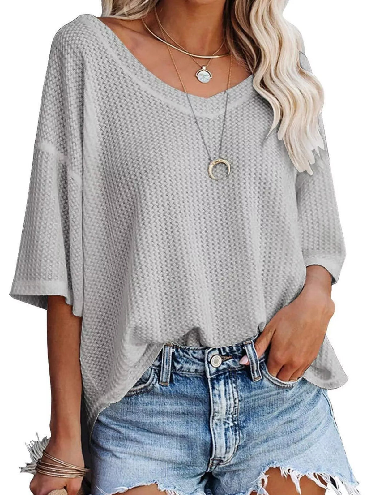 Women's Waffle Knit V-Neck Short Sleeve T-Shirt - Gray