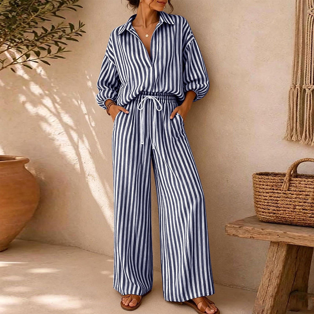 Women's Striped Shirt and Pants Set - Navy Blue