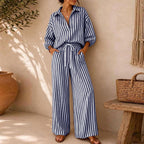 Women's Striped Shirt and Pants Set - Navy Blue