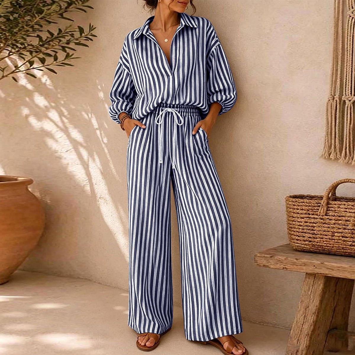 Women's Striped Shirt and Pants Set - Navy Blue