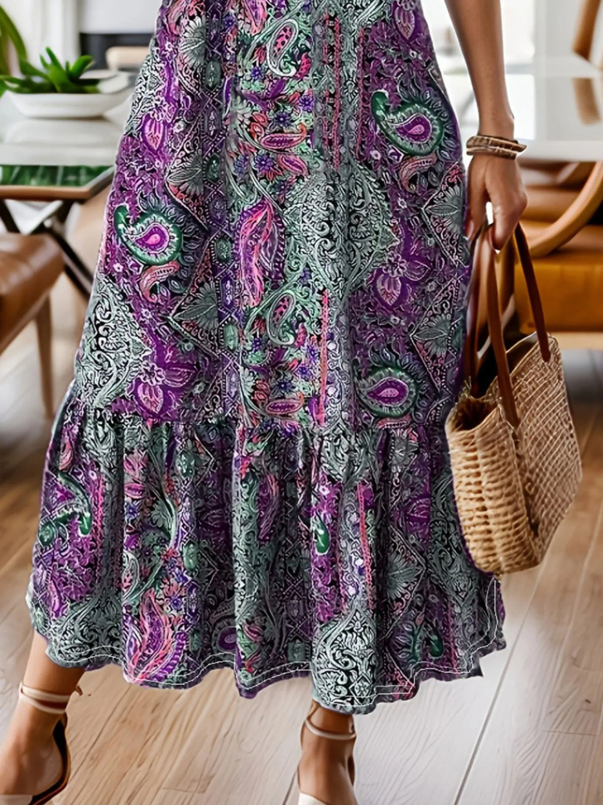 Women's Boho Paisley Midi Dress with Ruffle Hem