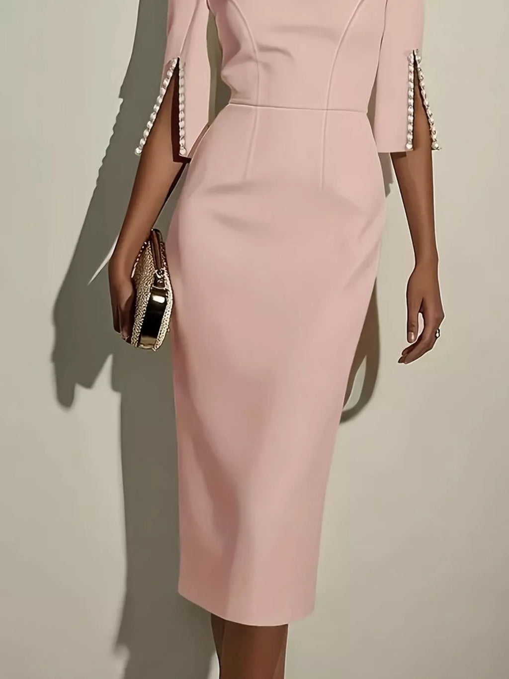 Women's Elegant Fitted Midi Dress with Beaded Open Sleeves