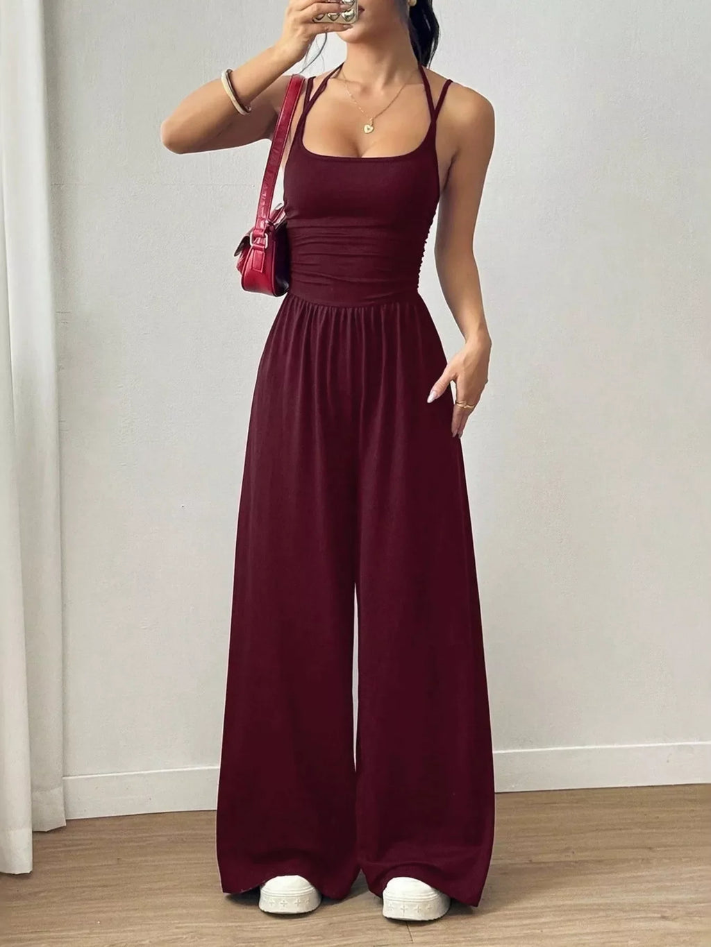 Women's Spaghetti Strap Wide-Leg Jumpsuit - Burgundy
