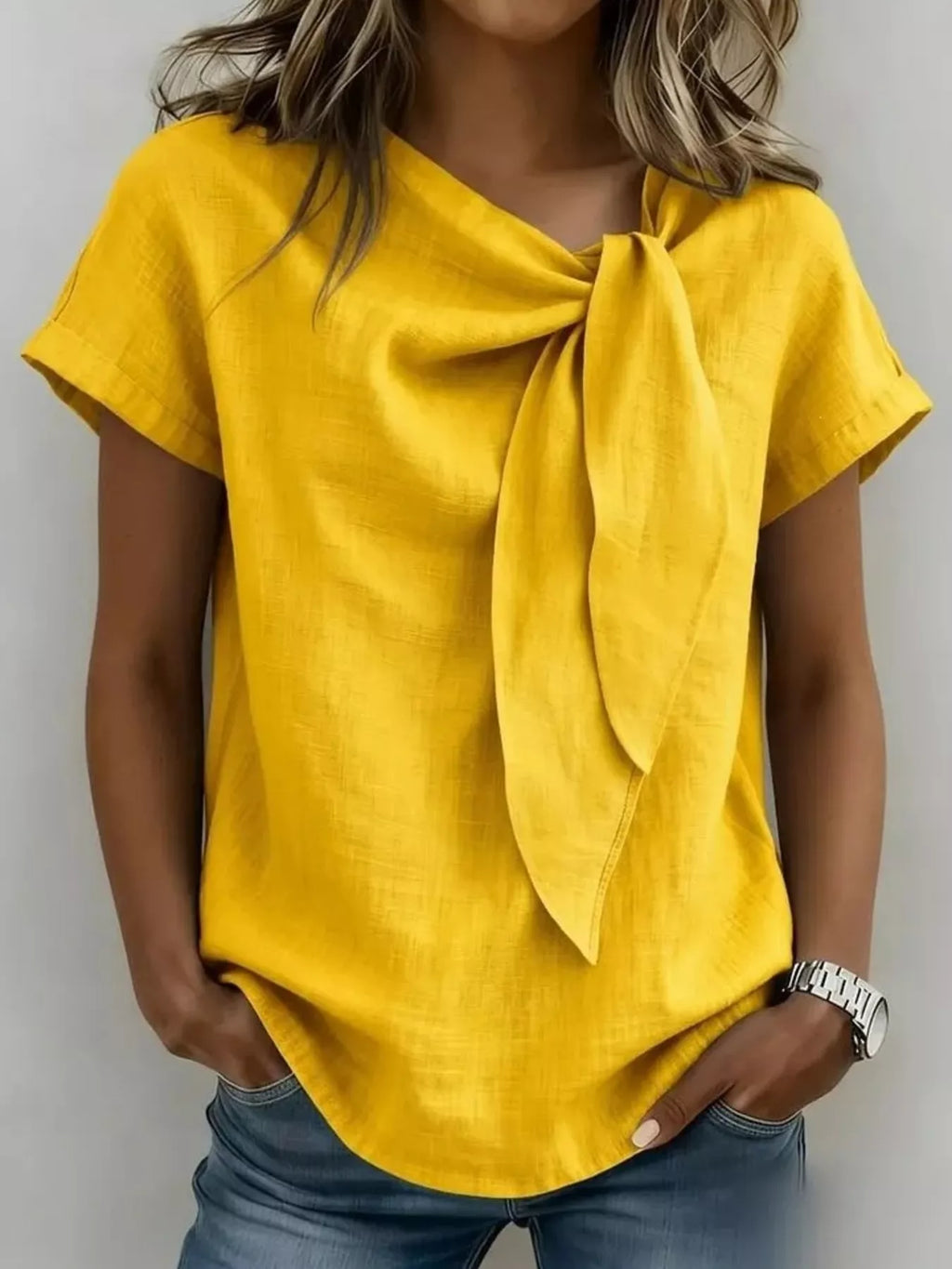 Women's Plus Size Tie-Neck Short Sleeve Blouse - Yellow