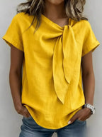 Women's Plus Size Tie-Neck Short Sleeve Blouse - Yellow