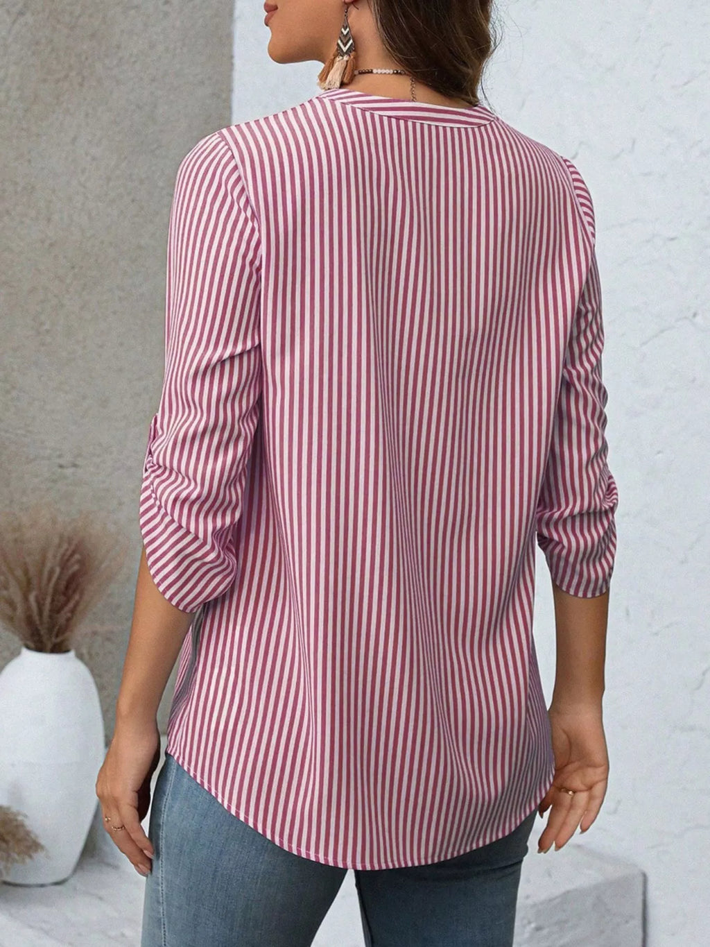 Women's Striped V-Neck Roll-Up Sleeve Blouse