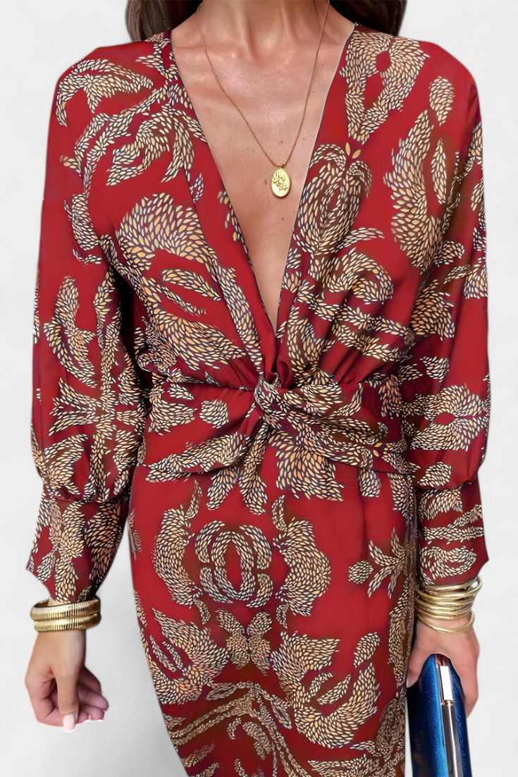 Women's V-Neck Knot-Front Maxi Dress - Red