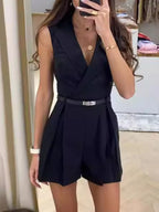Women's Solid Sleeveless Wrap Romper - Black