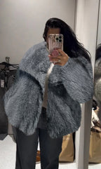 Women's Faux Fur Lapel Coat Warm Padded Winter Coat - Gray and White