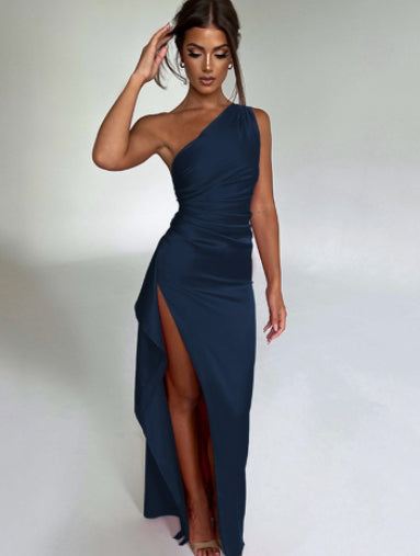Women's Satin Open-Back Maxi Dress with Side Slit - Blue