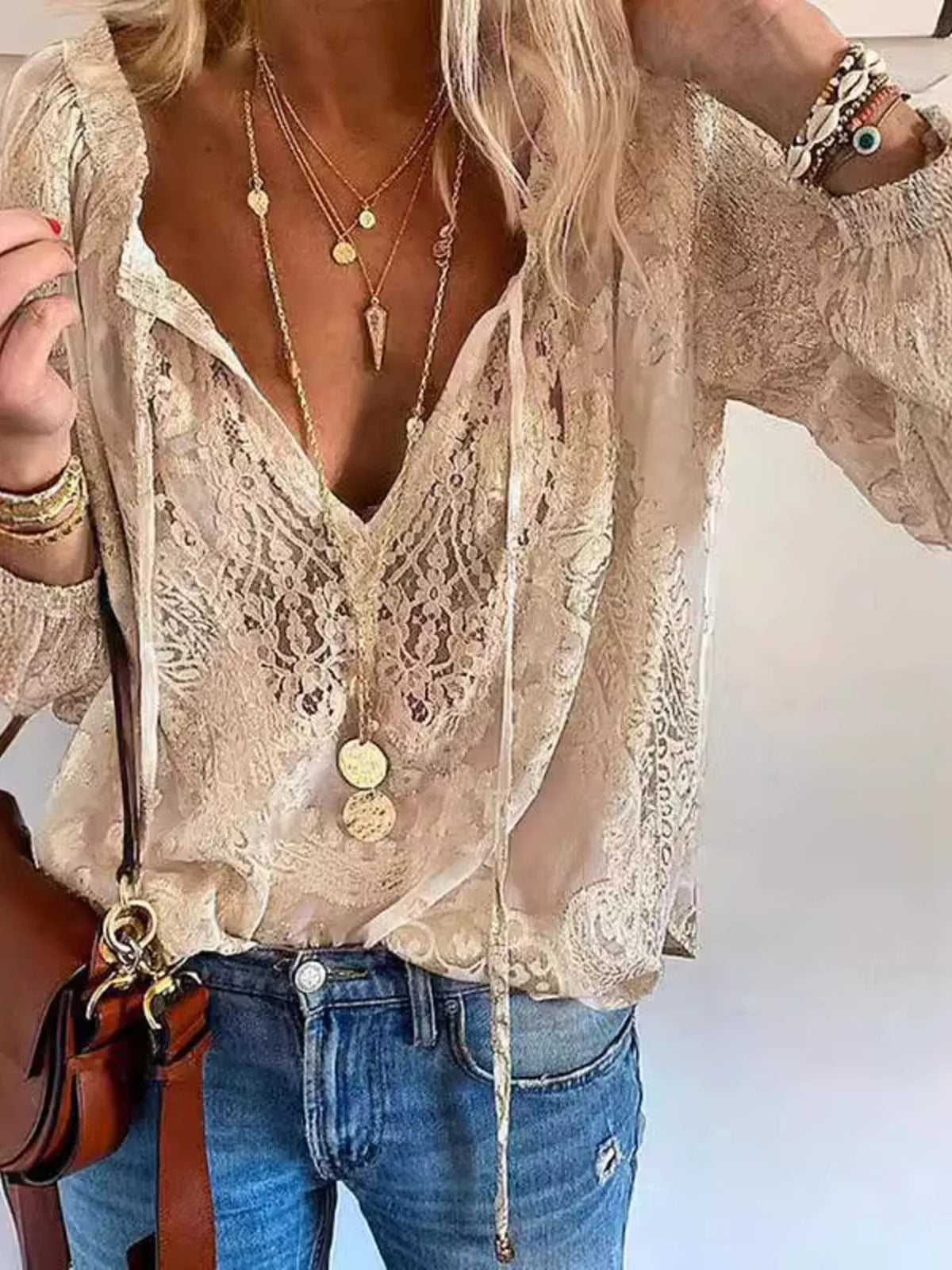 Women's Lace Tie-Neck Blouse - Khaki