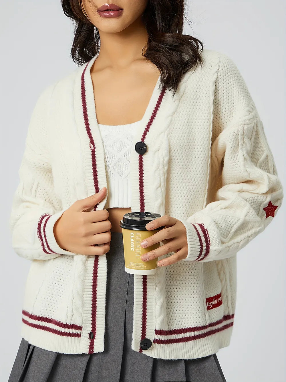 Women's V-Neck Long Sleeve Star Embroidered Knit Cardigan - Burgundy