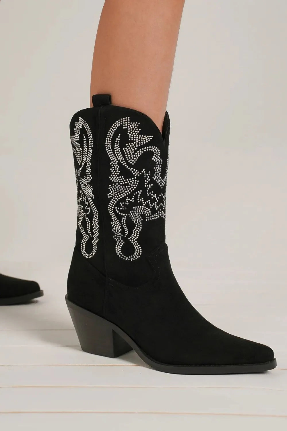 Women's Pointed-Toe Boots with Crystal Details - Black
