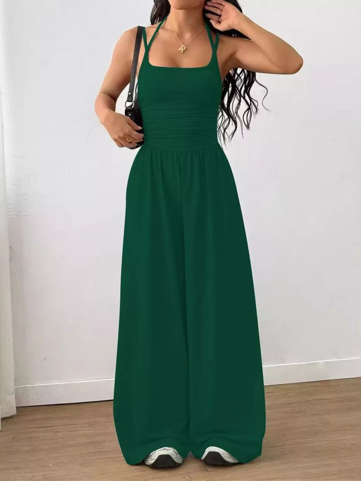 Women's Spaghetti Strap Wide-Leg Jumpsuit - Dark Green