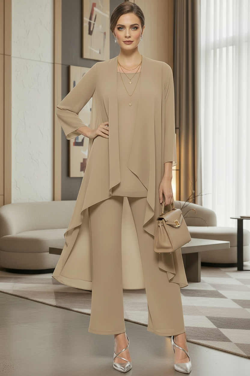 Women's 3-Piece Set Cardigan, T-Shirt and Pants - Beige